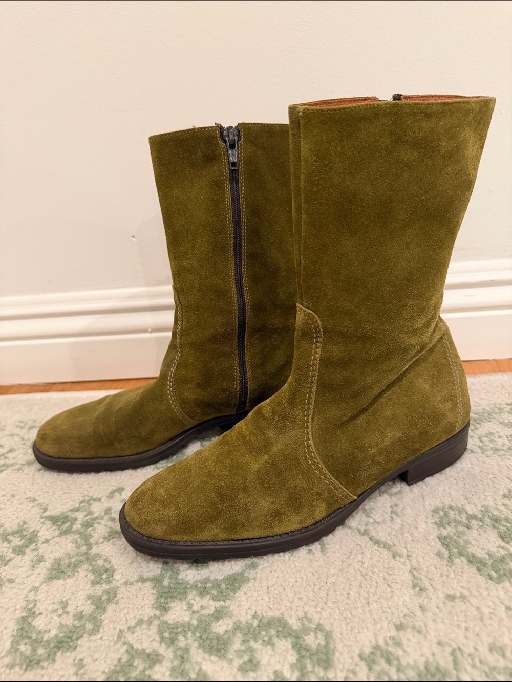 J. Crew Olive Suede Mid Calf Boots with Side Zip in Excellent Condition Boho